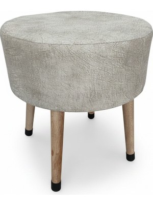 Ustaagac Masif Ahşap Ayaklı Modern Puf – Bej Kumaş Yuvarlak Tabure | 38X40 Cm, Çok Amaçlı Kullanım