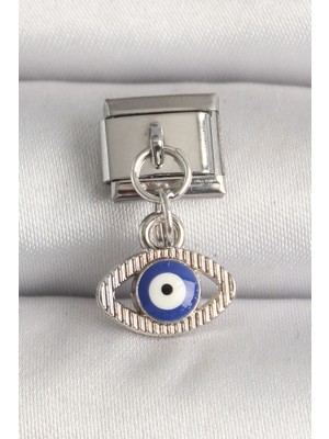 MK Beykoz 316L Çelik Gümüş Renk Nazar Boncuk Detaylı Göz Model Charm