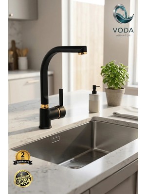 Voda Armatür Lüks Siyah Gold Çift Su Girişli Mutfak Bataryası (Çubuk Kol / Balıksırtı Boru)