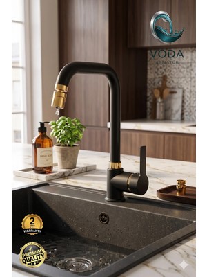 Voda Armatür Lüks Siyah Gold Çift Su Girişli Oynar Başlıklı Mutfak Bataryası (Çubuk Kol / Köşe Boru)