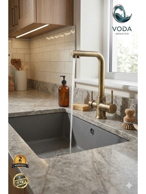 Voda Armatür Lüx Eskitme Gold Arıtmalı Mutfak Eviye Bataryası (Üç Yollu / L Boru)