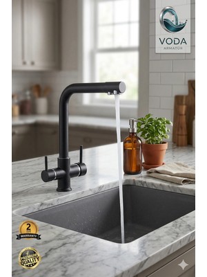 Voda Armatür Lüx Siyah Arıtmalı Mutfak Eviye Bataryası (Üç Yollu / L Boru)