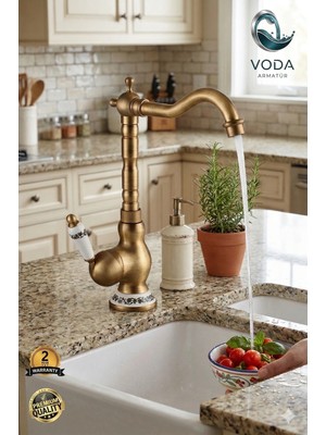 Voda Armatür Eskitme Gold Rustik Mutfak Eviye Bataryası (Klasik Tasarım / Çift Su Girişli)