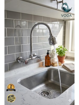 Voda Armatür Klasik Çevirmeli Krom Duvardan Mutfak Eviye Bataryası (Esnek Kubar Borulu / Fonksiyonel Başlıklı)