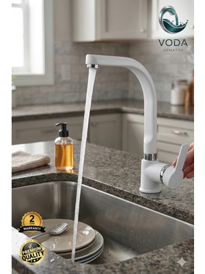 Voda Armatür Lüks Beyaz Krom Çift Su Girişli Mutfak Bataryası (Çubuk Kol / Balıksırtı Boru)
