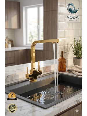 Voda Armatür Altın (Gold) Kare Gövde Arıtmalı Mutfak Eviye Bataryası (Üç Yollu / Çift Çıkışlı)