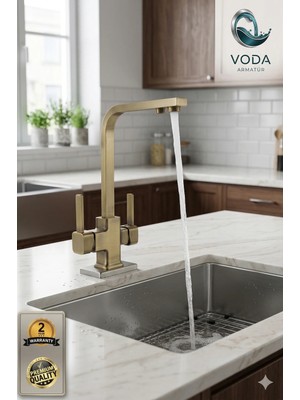 Voda Armatür Eskitme Gold Kare Gövde Arıtmalı Mutfak Eviye Bataryası (Üç Yollu / Çift Çıkışlı)