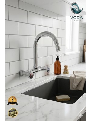 Voda Armatür Oynar Başlıklı Klasik Çevirmeli Krom Mutfak Eviye Bataryası (Çift Volanlı / Baston Borulu)