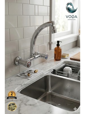 Voda Armatür Oynar Başlıklı Klasik Çevirmeli Krom Mutfak Eviye Bataryası (Çift Volanlı / Kuğu Borulu)