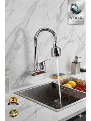 Voda Armatür Krom Duvardan Mutfak Eviye Bataryası (Yandan Aplik / Esnek Krom Kubar Borulu / Fonksiyonel Başlıklı)