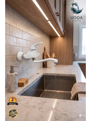 Voda Armatür Beyaz Duvardan Mutfak Eviye Bataryası (Çift Su Girişli / Alttan Aplik / Alttan Borulu)