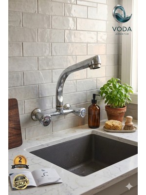 Voda Armatür Klasik Çevirmeli Krom Mutfak Eviye Bataryası (Çift Volanlı / Balıksırtı Borulu)