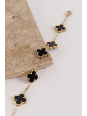 Akın Trend Yonca Model Siyah-Gold Çelik Bileklik