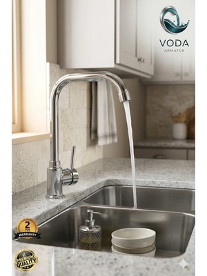 Voda Armatür Krom Kaplama Çift Su Girişli Çubuk Kollu Eviye Bataryası (Köşe Boru)