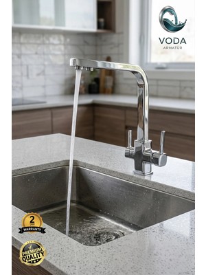 Voda Armatür Krom Kare Gövde Arıtmalı Mutfak Eviye Bataryası (Üç Yollu / Çift Çıkışlı)