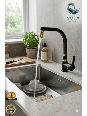 Voda Armatür Lüks Siyah Gold Çift Su Girişli Oynar Başlıklı Mutfak Bataryası (Çubuk Kol / Balıksırtı Boru)