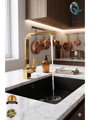 Voda Armatür Altın (Gold) Kare Gövde Mutfak Eviye Bataryası (Çift Su Girişli)
