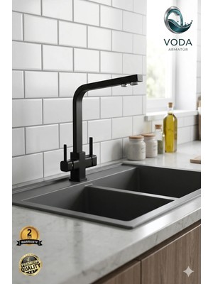 Voda Armatür Siyah Kare Gövde Arıtmalı Mutfak Eviye Bataryası (Üç Yollu / Çift Çıkışlı)