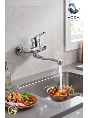 Voda Armatür Krom Duvardan Mutfak Eviye Bataryası (Çift Su Girişli / Alttan Aplik / Alttan Borulu)