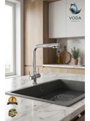 Voda Armatür Lüx Krom Arıtmalı Mutfak Eviye Bataryası (Üç Yollu / L Boru)