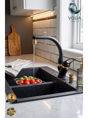 Voda Armatür Lüks Siyah Gold Çift Su Girişli Oynar Başlıklı Mutfak Bataryası (Açık Kol / Balıksırtı Boru)