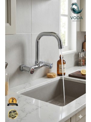 Voda Armatür Klasik Çevirmeli Krom Mutfak Eviye Bataryası (Çift Volanlı / Köşe Borulu)
