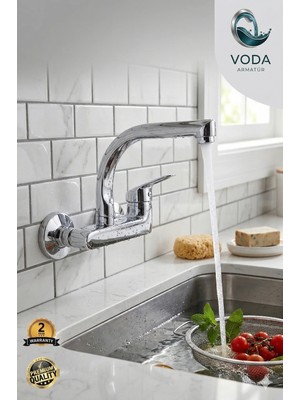 Voda Armatür Krom Duvardan Balıksırtı Boru Mutfak Eviye Bataryası (Yandan Aplik / Çift Su Girişli)