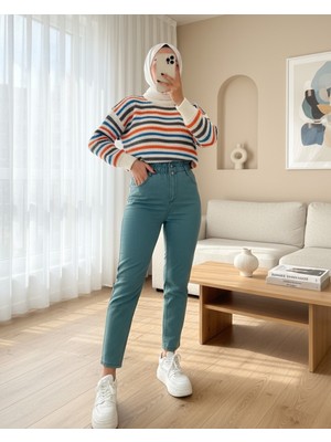 Moda Morfo Beli Lastikli Yüksek Bel Kot Pantolon    -Mint