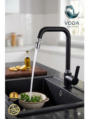 Voda Armatür Lüks Siyah Krom Çift Su Girişli Oynar Başlıklı Mutfak Bataryası (Çubuk Kol / Köşe Boru)