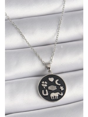 Yıldız Ticaret Mey Ithalat® 316L Çelik Gümüş Renk Siyah Renk Şans Kolyesi