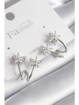 Yıldız Ticaret Mey Ithalat® Pirinç Gümüş Renk Zirkon Taşlı Çiçek Model Kadın Küpe