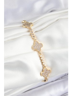 Yıldız Ticaret Mey Ithalat® Pirinç Zirkon Taşlı Yonca Model Gold Renk Kadın Bileklik
