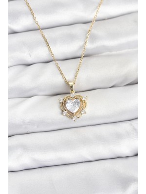 Yıldız Ticaret Mey Ithalat® 316L Çelik Zincir Gold Renk Kalp Model Zirkon Taşlı Kadın Kolye
