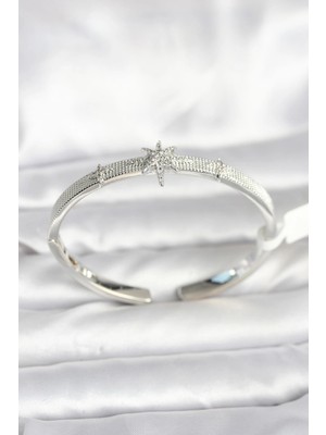 Yıldız Ticaret Mey Ithalat® Pirinç Gümüş Renk Kutup Yıldızı Model Kadın Kelepçe Bileklik