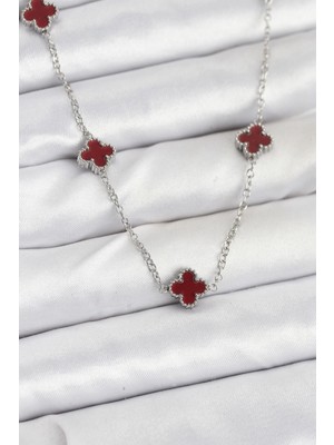 Yıldız Ticaret Mey Ithalat® 316L Çelik Zincir Gümüş Renk Bordo Baby Boy Yonca Kadın Kolye