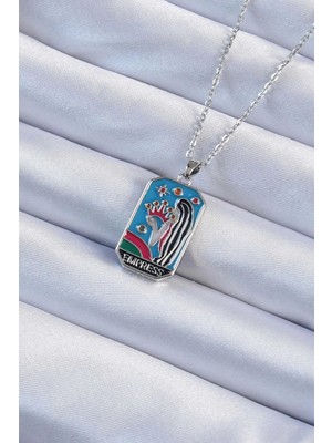 Yıldız Ticaret Mey Ithalat® 316L Çelik Zincir Gümüş Renk Taç ve Kız Figürlü Renkli Mineli Tarot Kolye