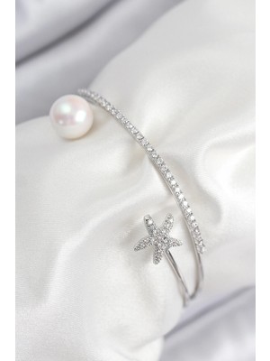 Yıldız Ticaret Mey Ithalat® Pirinç Zirkon Taşlı Yıldız ve Inci Model Gümüş Renk Kadın Bileklik