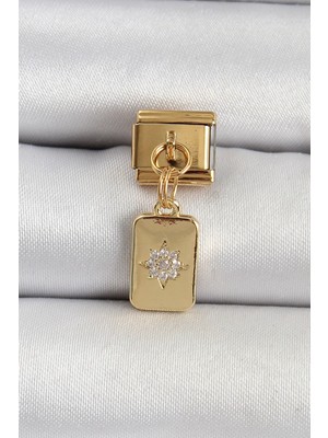 Yıldız Ticaret Mey Ithalat® 316L Çelik Sallantılı Zirkon Taşlı Kutup Yıldızı Figürlü Dikdörtgen Model Gold Renk Nomination Charm