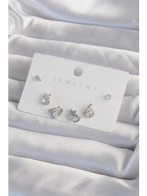 Yıldız Ticaret Mey Ithalat® Pirinç Gümüş Renk Zirkon Taşlı Damla Model Küpe Seti