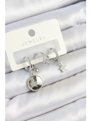 Yıldız Ticaret Mey Ithalat® Pirinç Zirkon Taşlı Sallantılı Yıldız Model Gümüş Renk 3'lü Çift Kadın Küpe Set