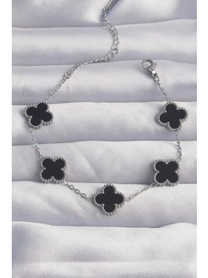 Yıldız Ticaret Mey Ithalat® 316L Çelik Gümüş Renk Siyah Mineli Yonca Bileklik