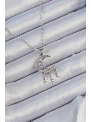 Yıldız Ticaret Mey Ithalat® 316L Çelik Zincir Gümüş Renk Işlemeli Zirkon Taşlı Ay Kolye