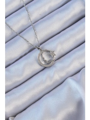 Yıldız Ticaret Mey Ithalat® 316L Çelik Zincir Gümüş Renk Zirkon Taşlı Ay Yıldız Simgeli Atatürk Kolye