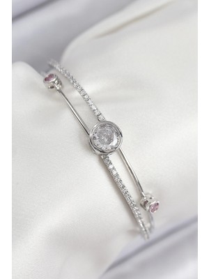 Yıldız Ticaret Mey Ithalat® Pirinç Zirkon Taşlı Pırlanta Model Gümüş Renk Kadın Bileklik