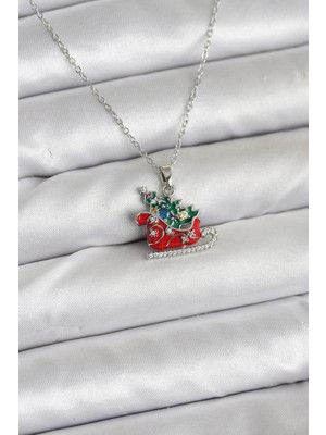 Yıldız Ticaret Mey Ithalat® 316L Çelik Zincir Gümüş Renk Kızak ve Çam Ağacı Figürlü Yılbaşı Temalı Kadın Kolye