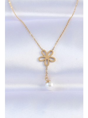 Yıldız Ticaret Mey Ithalat® 316L Çelik Zincir Gold Renk Inci Detay Çiçek Kolye