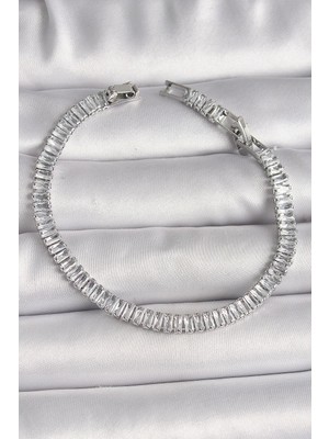 Yıldız Ticaret Mey Ithalat® Pirinç Gümüş Renk Zirkon Taşlı Su Yolu Model Kadın Bileklik