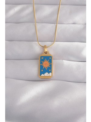 Yıldız Ticaret Mey Ithalat® 316L Çelik Gold Renk Mavi Mineli Güneş Model Tarot Kolye