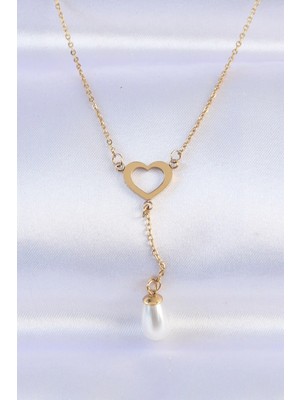 Yıldız Ticaret Mey Ithalat® 316L Çelik Zincir Gold Renk Inci Taş Detay Kalp Kolye
