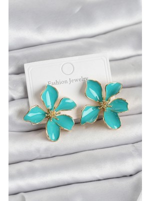 Yıldız Ticaret Mey Ithalat® Turkuaz Mineli Çiçek Model Pirinç Kadın Küpe